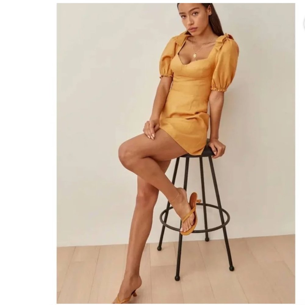 REFORMATION Yellow Ochre Spring Bow Sleeve Linen Mini Dress 2